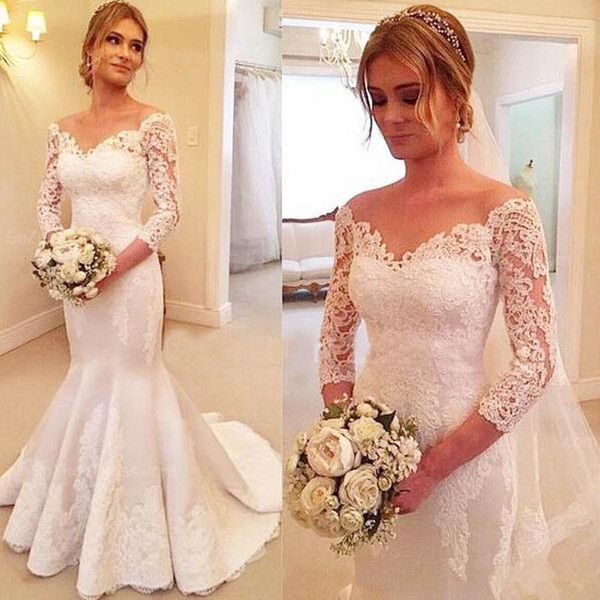 Vintage Lace Mermaid Wedding Dresses New Design Hot Selling Custom Pleats Applique Off-the-shoulder 3/4 Long Sleeve Bridal Gowns W302