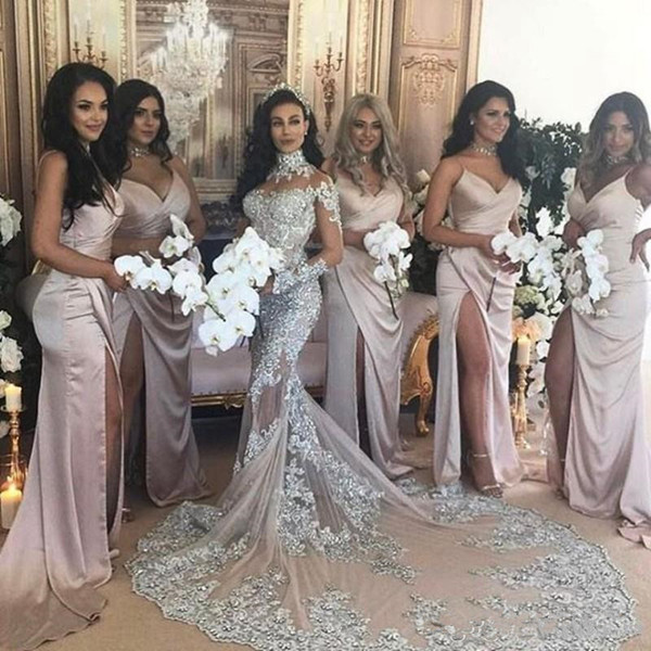 High Neck Mermaid Silver Wedding Dresses Hot Selling Fashionable Bling Bling Beads Tulle Sheer Long Sleeve Lace Bridal Gowns W072