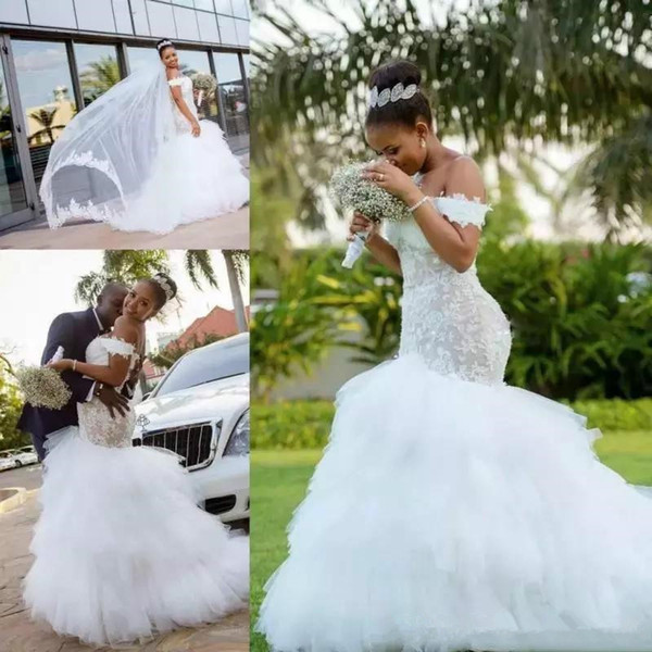 African Arabia Mermaid Wedding Dresses Vestios De Marriage New Design Custom Made Ruffled Tulle Off-the-shoulder Lace Bridal Gowns W292