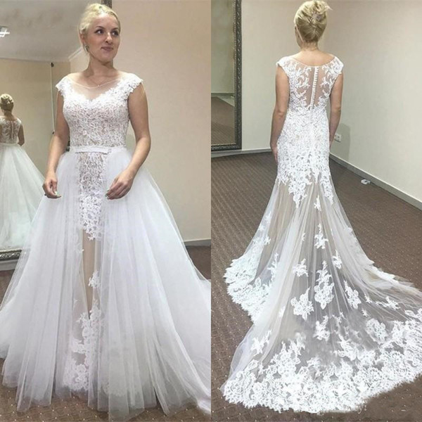 Detachable Skirt Mermaid Sheer Wedding Dresses New Design Custom Made See Through Cap Sleeve Lace Bridal Gowns Vestidos De Novia W721