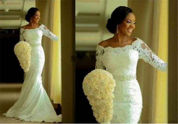 African Lace Mermaid Wedding Dresses Hot Selling New Custom Sweep Train Beads Sash 3/4 Long Sleeve Off-the-shoulder Bridal Gowns W752