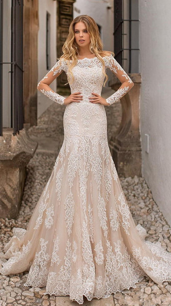 Champagne Full Lace Wedding Dresses Detachable Skirt New Off-the-shoulder Long Sleeve Mermaid Bridal Gowns Vestidos De Noiva W263