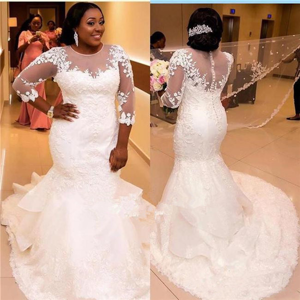 Plus Size Mermaid Lace Wedding Dresses New 3/4 Long Sleeves African Wedding Gowns Courtl Train Ruffled Tulle Sheer Bridal Gowns W70