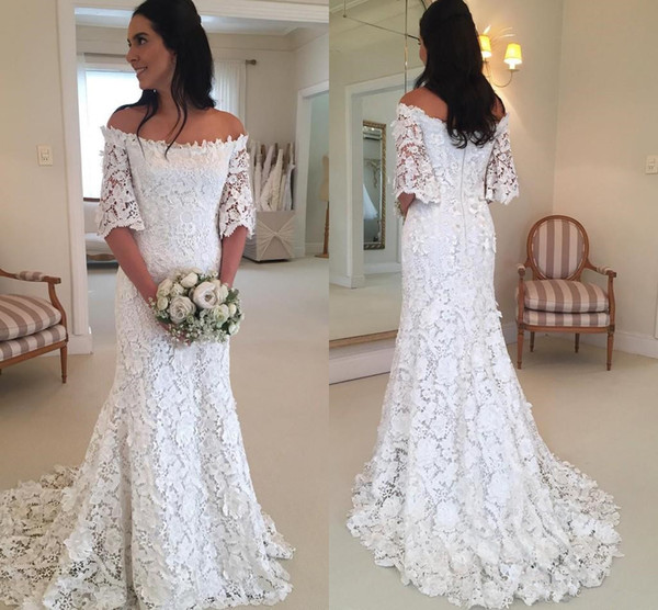 Boho Style Lace Wedding Dresses Hot Selling Custom New Simple Off-the-shoulder Half Sleeve Mermaid Bridal Gowns Vestido De Novia W723