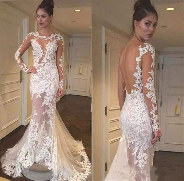 Sexy Illusion Bodice Full Lace Wedding Dresses New Design Custom Made Backless Mermaid Long Sleeves Bridal Gowns Hot Selling W720