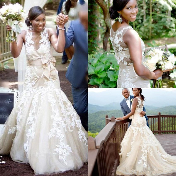 African Mermaid Champagne Wedding Dresses New Design Custom Made Bow Sash Applique Sheer Tulle Lace Bridal Gowns Robe De Mariee W725