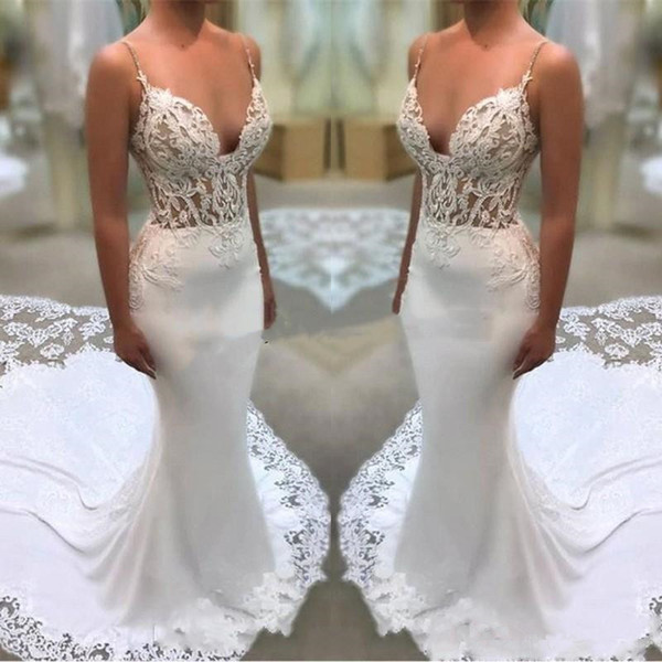 Sexy Mermaid Lace Wedding Dresses Hot Selling New Custom Chapel Train See through Spaghetti Strap Bridal Gowns Robe De Mariage W603