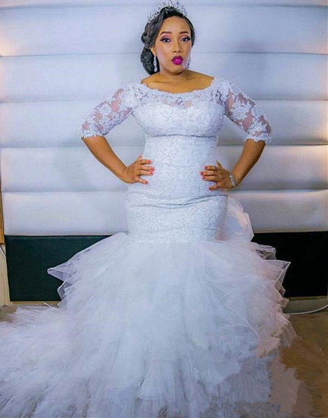 African Mermaid Plus Size Wedding Dresses New Court Train Ruffled Tulle 3/4 Long Sleeve Lace Bridal Gowns Robe De Mariage W689