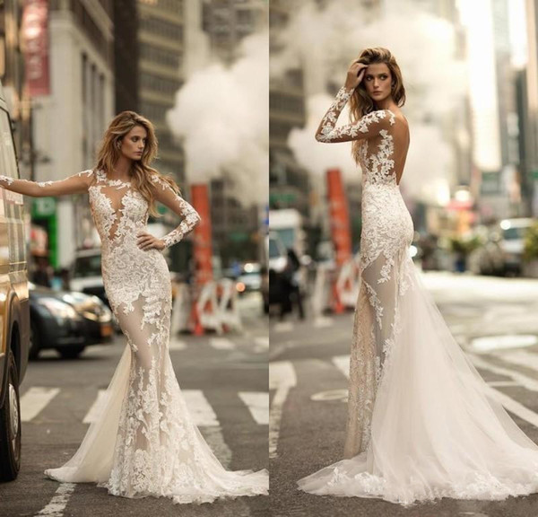 Full Lace Sheer Wedding Dresses Vestios De Marriage Fashionable New Sexy See Through Backless Long Sleeve Mermaid Bridal Gowns W274