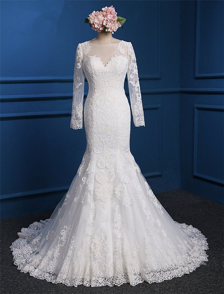 Bateau Neck Tulle Mermaid Wedding Dress With Lace Appliques Romantic Long Sleeves Wedding Gowns Custom Made