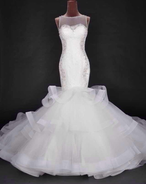 Ruffled Organza Boat Neck Mermaid Wedding Dress With Beads Crystal Chapel Train Bridal Dress For Marriage