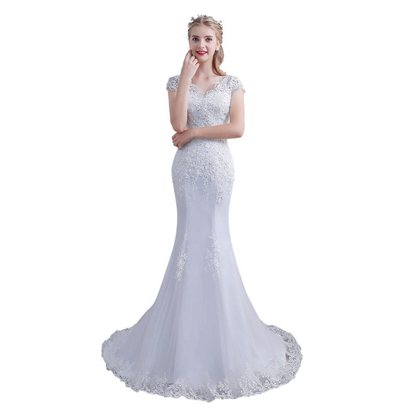 Beading Lace Appliqued Mermaid Wedding Dress with Short Sleeves Lace Up Bridal Dresses Gown Sweep Train hochzeit