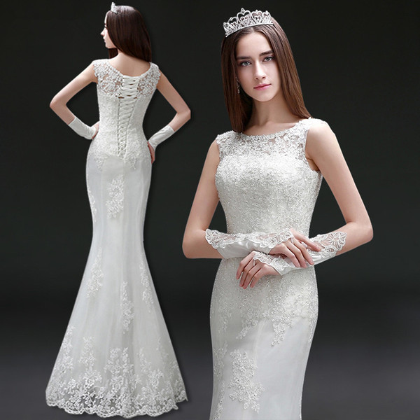 Scoop Neck Lace Tulle Mermaid Wedding Dresses New Floor Length Wedding Gown Lace Up Bridal Dresses