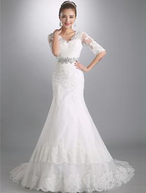 New Half Sleeves V Neck Crystal Lace Mermaid Wedding Dress Elegant Wedding Gown Lace Up