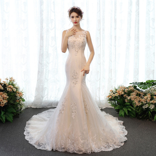 Chapel Train Wedding Gowns Lace Tulle Mermaid Wedding Dresses with Appliques New Bridal Dress High Quality