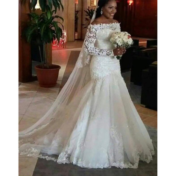 Long Sleeves Wedding Dresses with Lace Appliques Court Train Mermaid Bridal Gowns Lace Up Wedding Gown Robe De Mariee