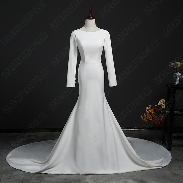 Scoop Neck Satin Mermaid Wedding Dresses Winter Bridal Gowns Backless Wedding Gowns Real 100% Photo