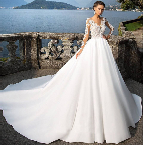 Long Sleeves Satin Wedding Dresses with Lace Appliques Sheer Neck Wedding Gowns Sweep Train White Ivory