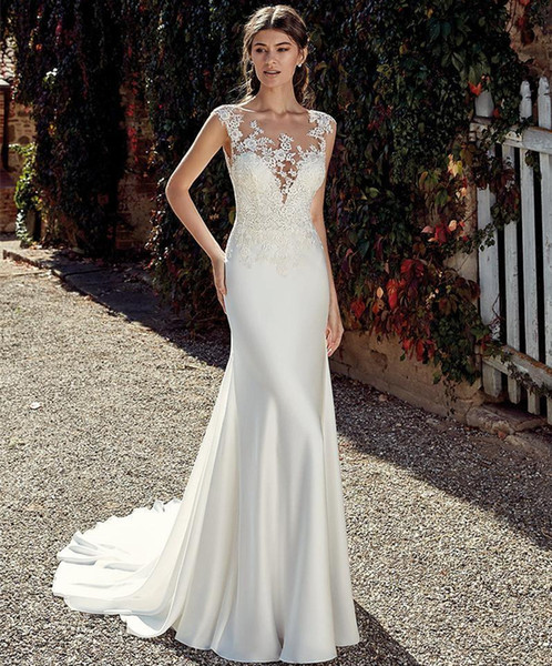 Mermaid Scoop Neck Satin Beach Wedding Dresses with Lace embroidery Ivory Bridal Gowns Sweep Train