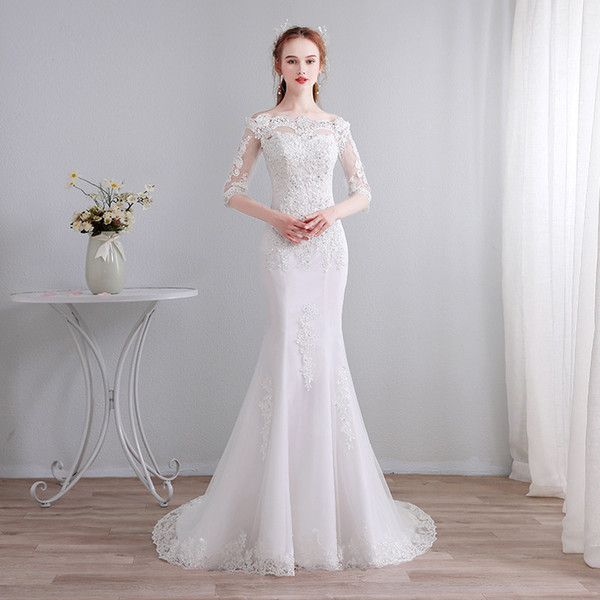 Off Shoulder Lace appliques Mermaid Wedding Dresses Sweep Train Bride Dress Lace Up Wedding Gowns