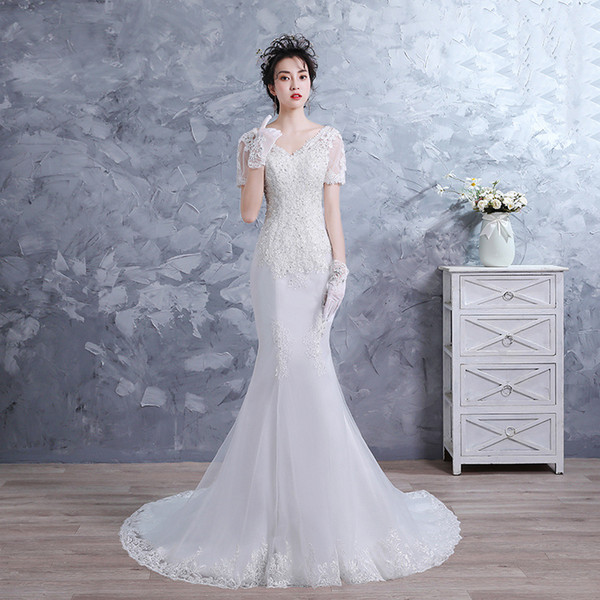 Short Sleeves Mermaid V Neck Wedding Dress vestidos noiva Lace Appliques Bridal Dress Sweep Train