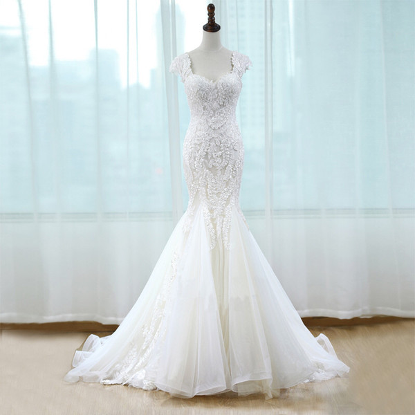 Bateau Neck Tulle Mermaid Wedding Gowns Sweep Train Wedding Dresses with Handmade Appliques White Ivory