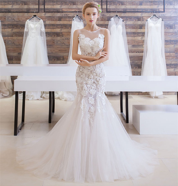 Sheer Neck Tulle Mermaid Wedding Dresses Appliques Bridal Gowns Open Back Sexy Wedding Gown Sweep Train