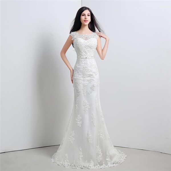 Bateau Neck Lace Appliques Mermaid Wedding Dresses V Back Wedding Gowns Sweep Train Bridal Dress