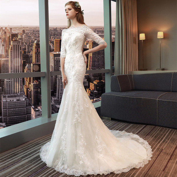 Lace Mermaid Wedding Dresses with Appliques Bateau Neck Slim Wedding Gowns Half Sleeves Bride Dress