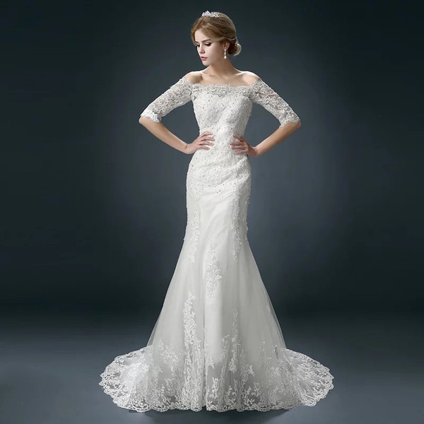 Off Shoulder Tulle Mermaid Wedding Dresses with Lace Appliques Bling Half Sleeves Wedding Gowns Fast 