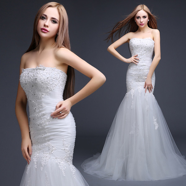 Beaded Lace Tulle Mermaid Wedding Dress Romantic Strapless Wedding Gowns Lace Up Back Fast 