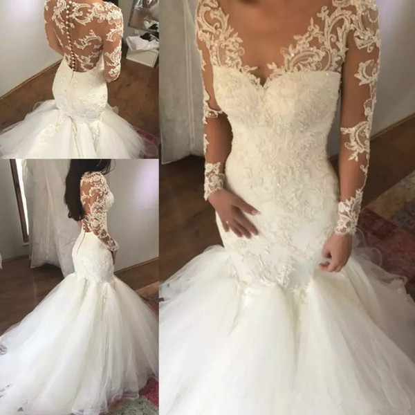 Sheer Bateau Neck Lace Tulle Mermaid Wedding Dresses Illusion Long Sleeves Bridal Gowns with Sweep Train