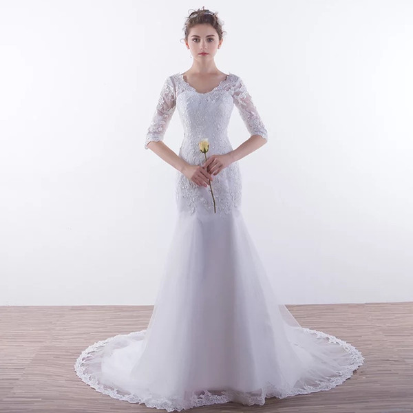 Capped V Neck Tulle Mermaid Wedding Dresses with Half Sleeves Lace Up Bridal Gowns Appliques