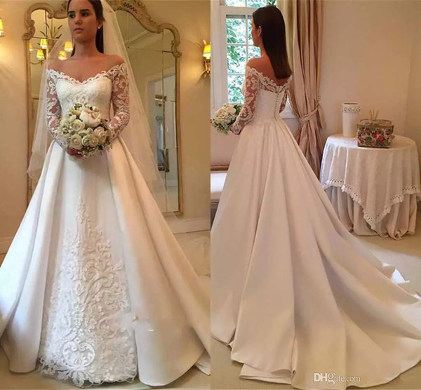 Satin A-Line Wedding Dresses Bateau Neck Long Sleeves Lace Appliques Bridal Dress Sweep Train Wedding Gown