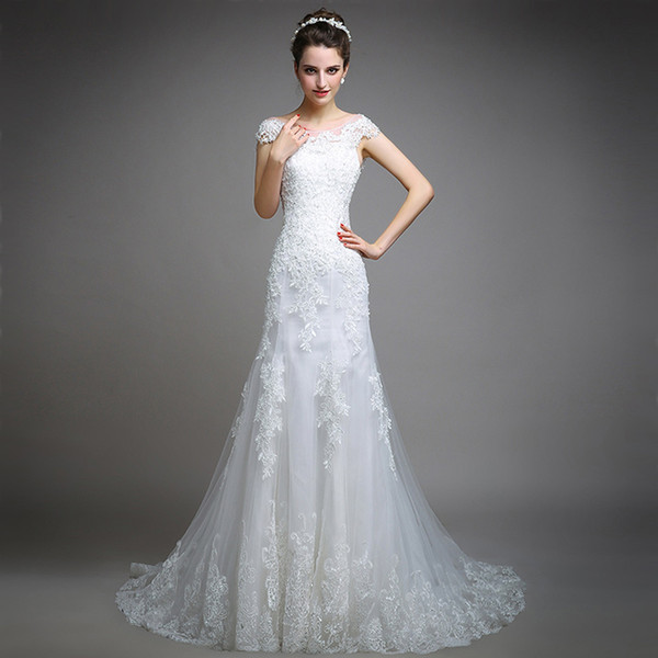 Scoop Neck Lace Tulle Mermaid Wedding Dresses New Boho Wedding Gowns Sweep Train Bridal Gown