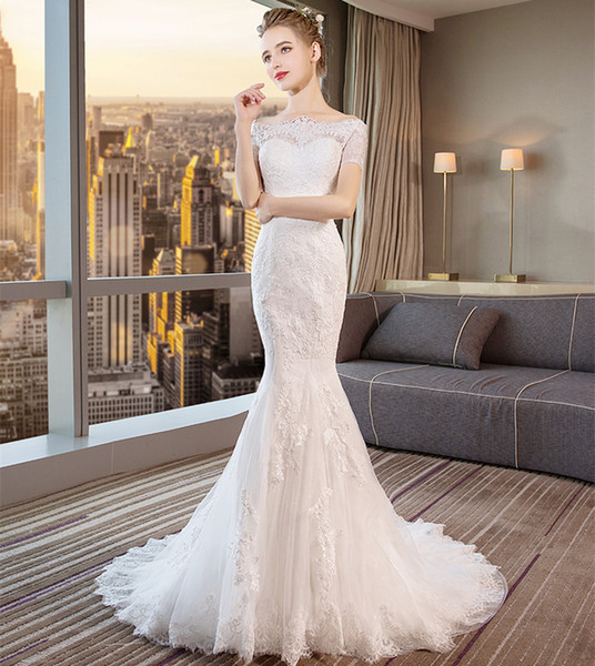 Boat Neck Lace Tulle Mermaid Wedding Dress Lace Up Short Sleeves Wedding Gown Sweep Train