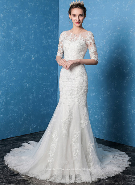 Half Sleeves Lace Mermaid Wedding Dresses Button Covered New Court Train Wedding Gown High Quality