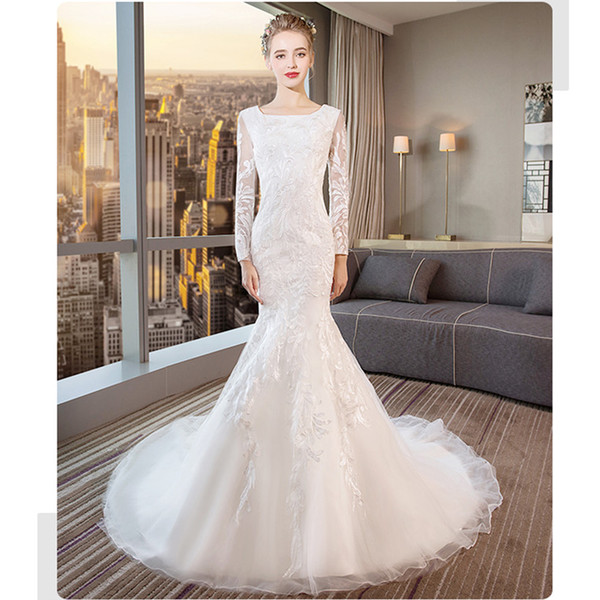 Long Sleeves Mermaid Wedding Dresses Button Covered Back Bridal Gowns New Court Train Bridal Dress