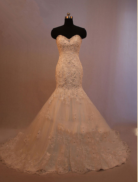 New Tulle With Lace Appliques Mermaid Wedding Dress Court Train Sweetheart Wedding Gown Lace Up