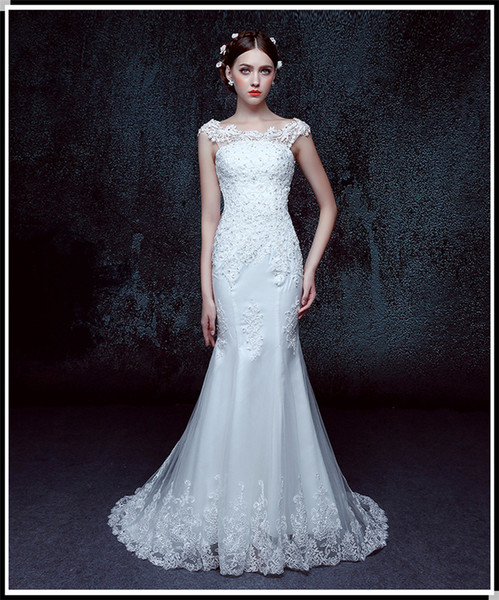 Lace Tulle Mermaid Wedding Dress New Scoop Neck Appliques Bridal Gowns Floor Length Wedding Gown