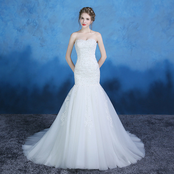 Mermaid Sweetheart Tulle Wedding Dresses with Lace Appliques Sweep Train Bridal Gowns Lace Up White Ivory