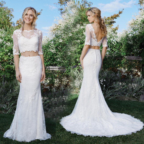 2 Pieces Mermaid Wedding Dresses Bateau Neck Lace Wedding Dress with Half Sleeves Backless Bridal Gowns