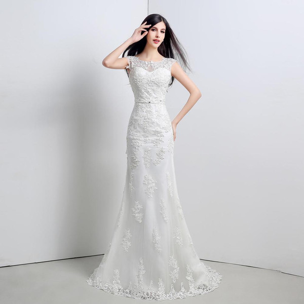 Lace Mermaid Wedding Dresses with Appliques Bateau Neck Wedding Gowns Backless Bridal Gown Sweep Train