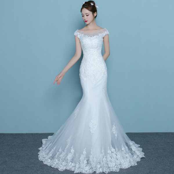 Short Sleeves Lace Tulle Mermaid Wedding Dress With Scoop Neck Romantic Bridal Gowns Lace Up