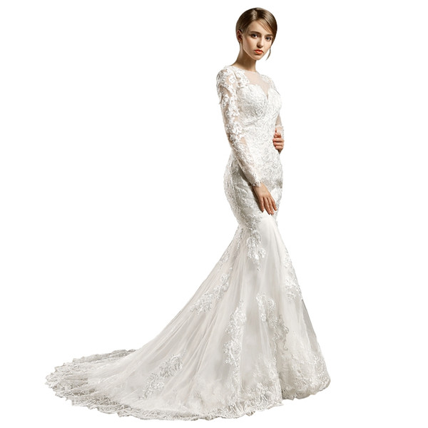 Long Sleeve Appliques Beaded Mermaid Wedding Dresses Illusion Sheer Neck Lace Style Fish Tail Bridal Wedding GownS DH322