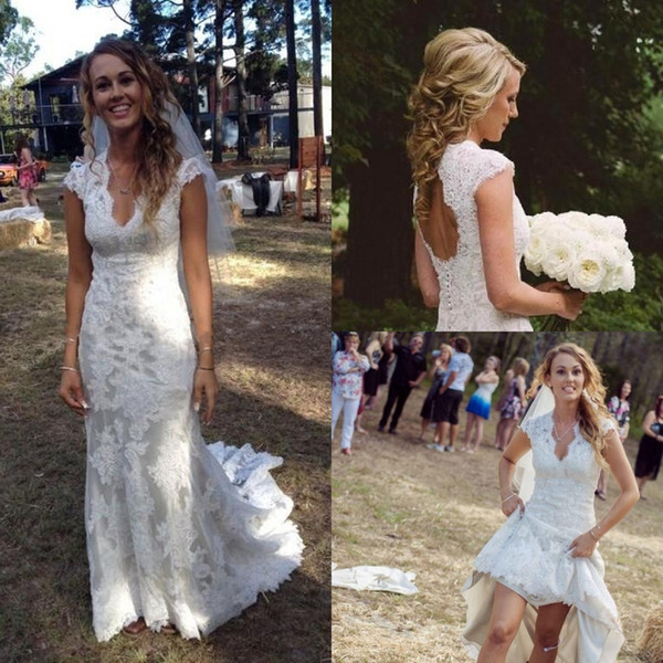 Vintage Country Wedding Dresses V Neck Cap Sleeves Floor Length Lace Wedding Dresses Cowgirls High Low Backless Bridal Wedding Gowns DH397