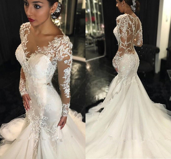 Vintage Lace Mermaid Wedding Dresses Long Sleeves Appliques Beaded Wedding Gowns Sweep Train Jewel Bridal Gowns HY174