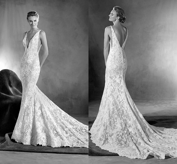 Gali Karten Sexy Mermaid Wedding Dresses Backless Spaghetti Neck White Lace Appliqued Custom Made Vintage Bridal Gowns DH163