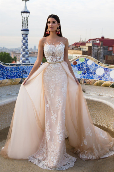 Modest Mermaid Lace Wedding Dresses With Detachable Train Appliqued Sexy Sheer Neckline Beads Trumpet Bridal Gowns DH4086