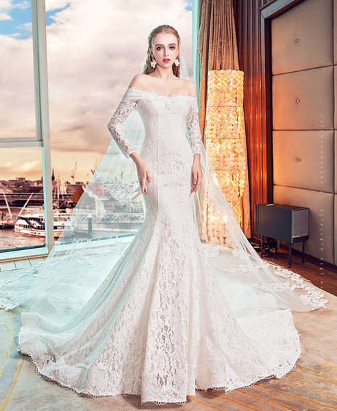 New Wedding Dresses Word Shoulder Long-Sleeved Was Thin Fishtail Long Tail Lace Halter Strap White Winter Garden Dresses HY079